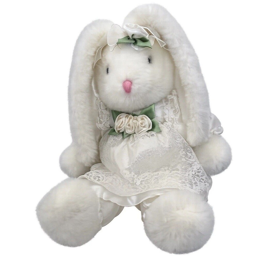 White Bunny Rabbit Dressed Stuffed Animal Plush Toy White Dress Vintage 20 Inch